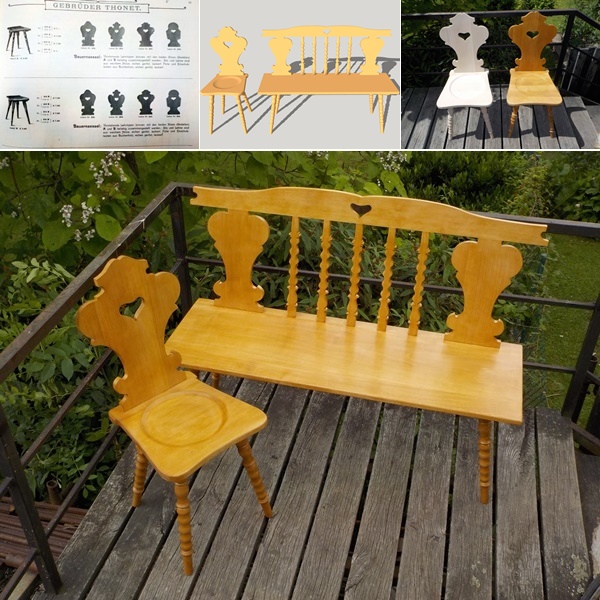 Replika selské židle Thonet katalogové číslo 214A (r.1904) a výroba stylově odpovídajcí lavice